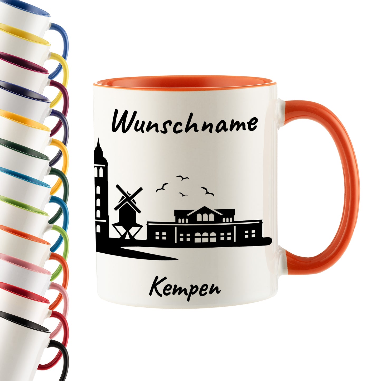 Tasse in Orange 330ml bedruckt mit der Skyline von Kempen personalisierbar mit Wunschname