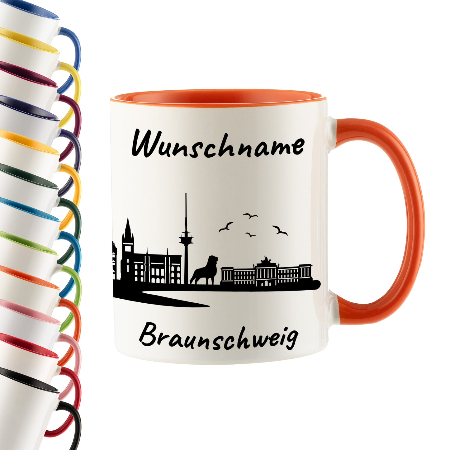 Tasse in Orange 330ml bedruckt mit der Skyline von Braunschweig personalisierbar mit Wunschname