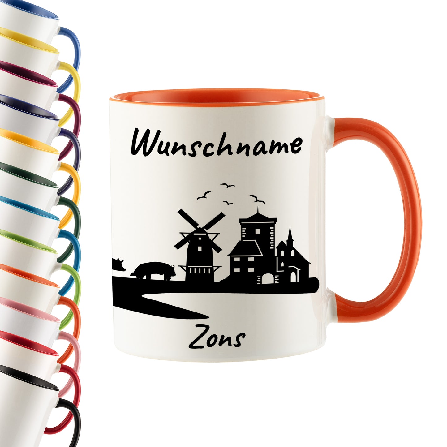 Tasse in Orange 330ml bedruckt mit der Skyline von Zons (Dormagen) personalisierbar mit Wunschname