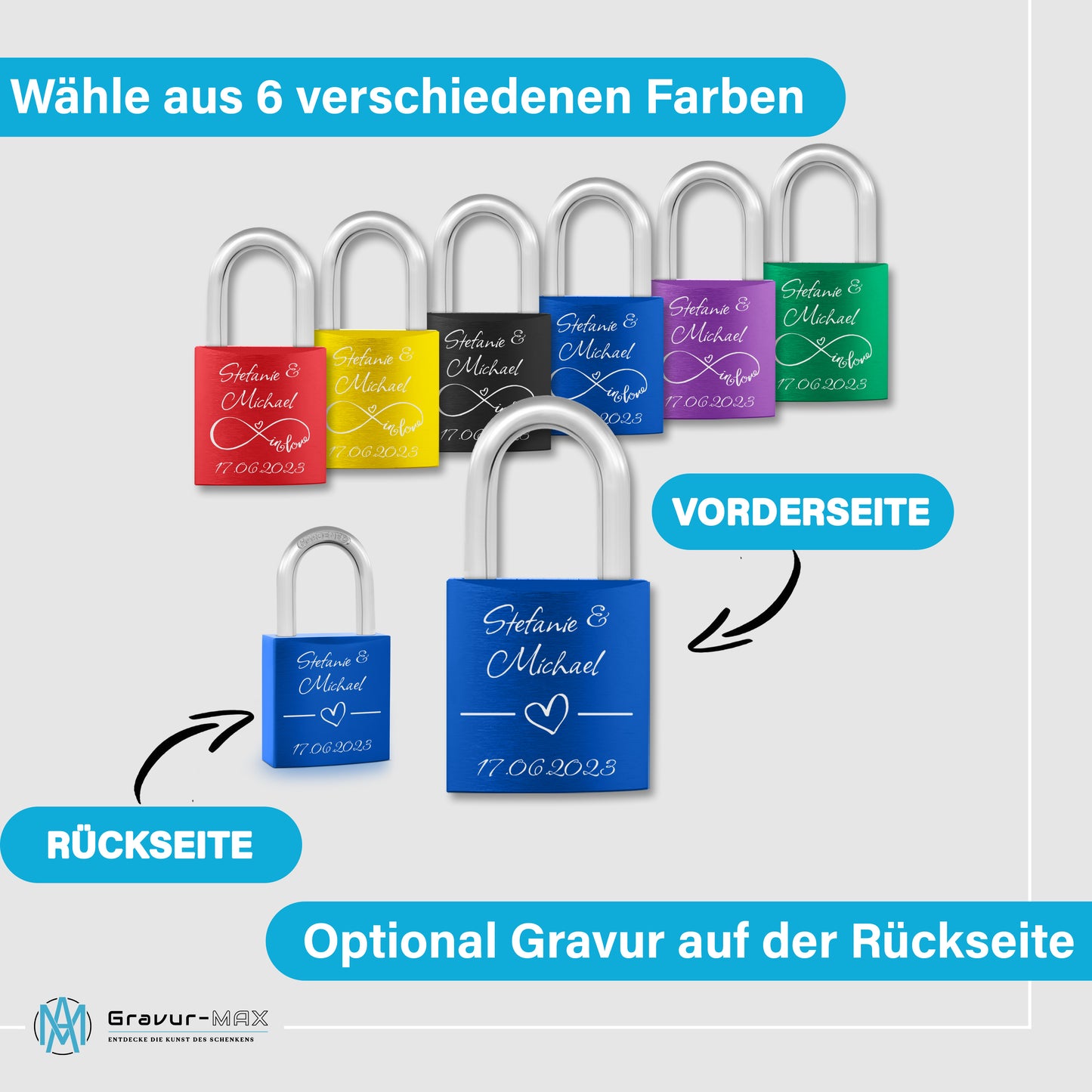 Liebesschloss in Blau mit Gravur "Amor" personalisiert mit Wunschnamen in 6 ver. Farben