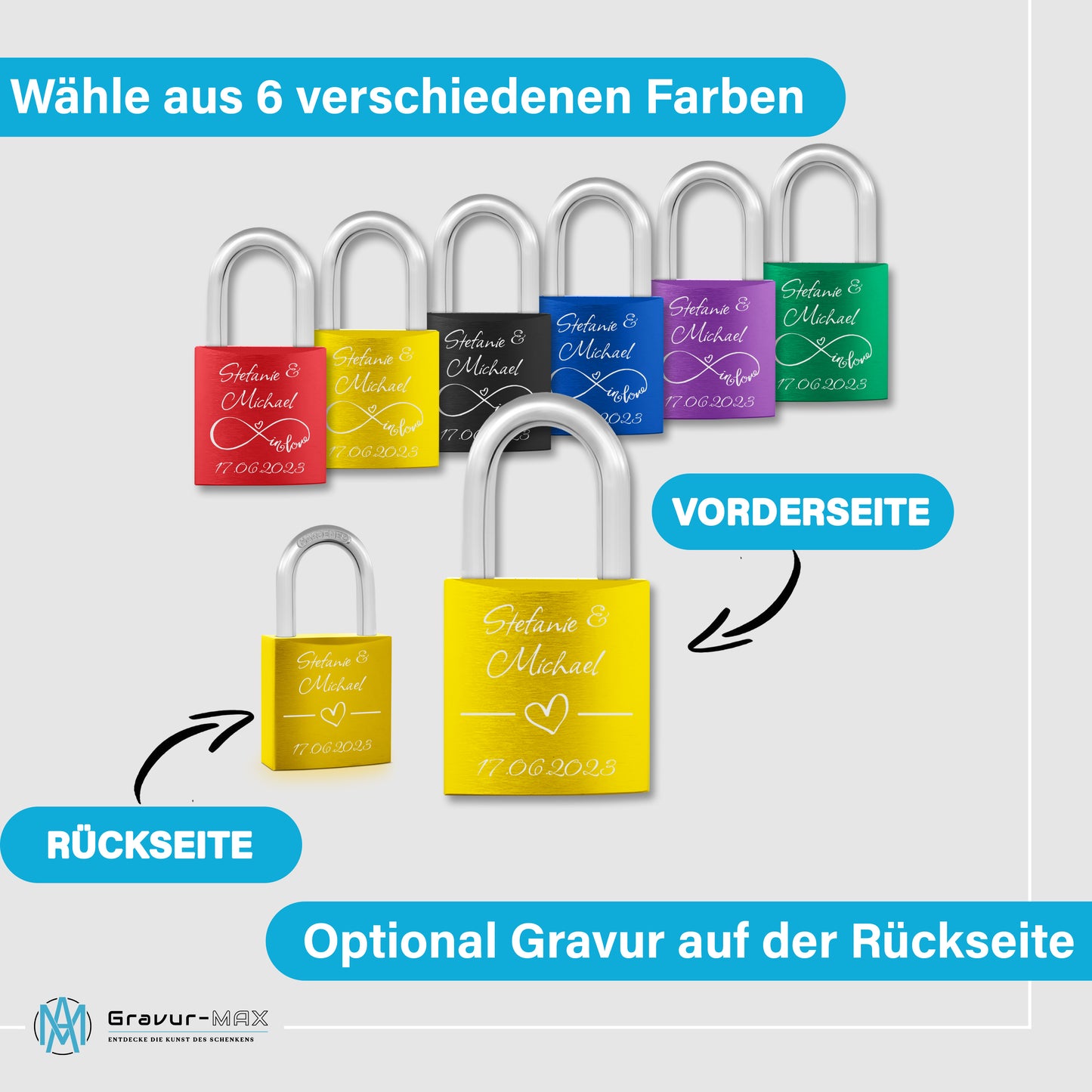 Liebesschloss in Gelb mit Gravur "Herzen" personalisiert mit Wunschnamen in 6 ver. Farben