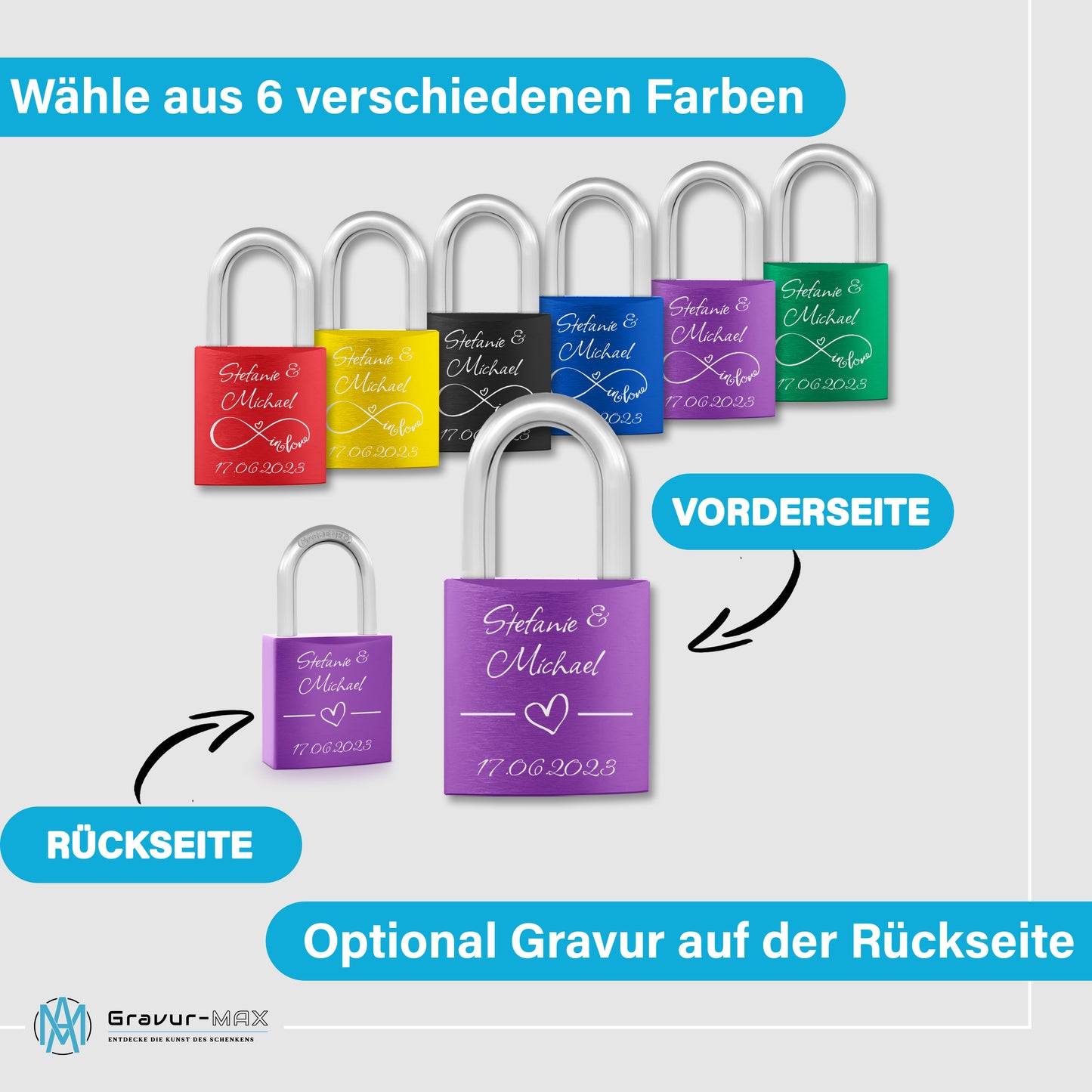 Liebesschloss in Lila mit Gravur "Herzranke" personalisiert mit Wunschnamen in 6 ver. Farben