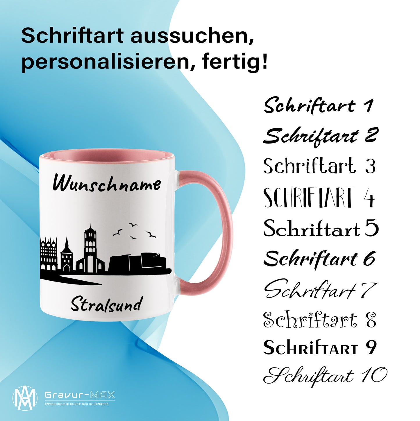 Tasse in Rosa 330ml bedruckt mit der Skyline von Stralsund personalisierbar mit Wunschname
