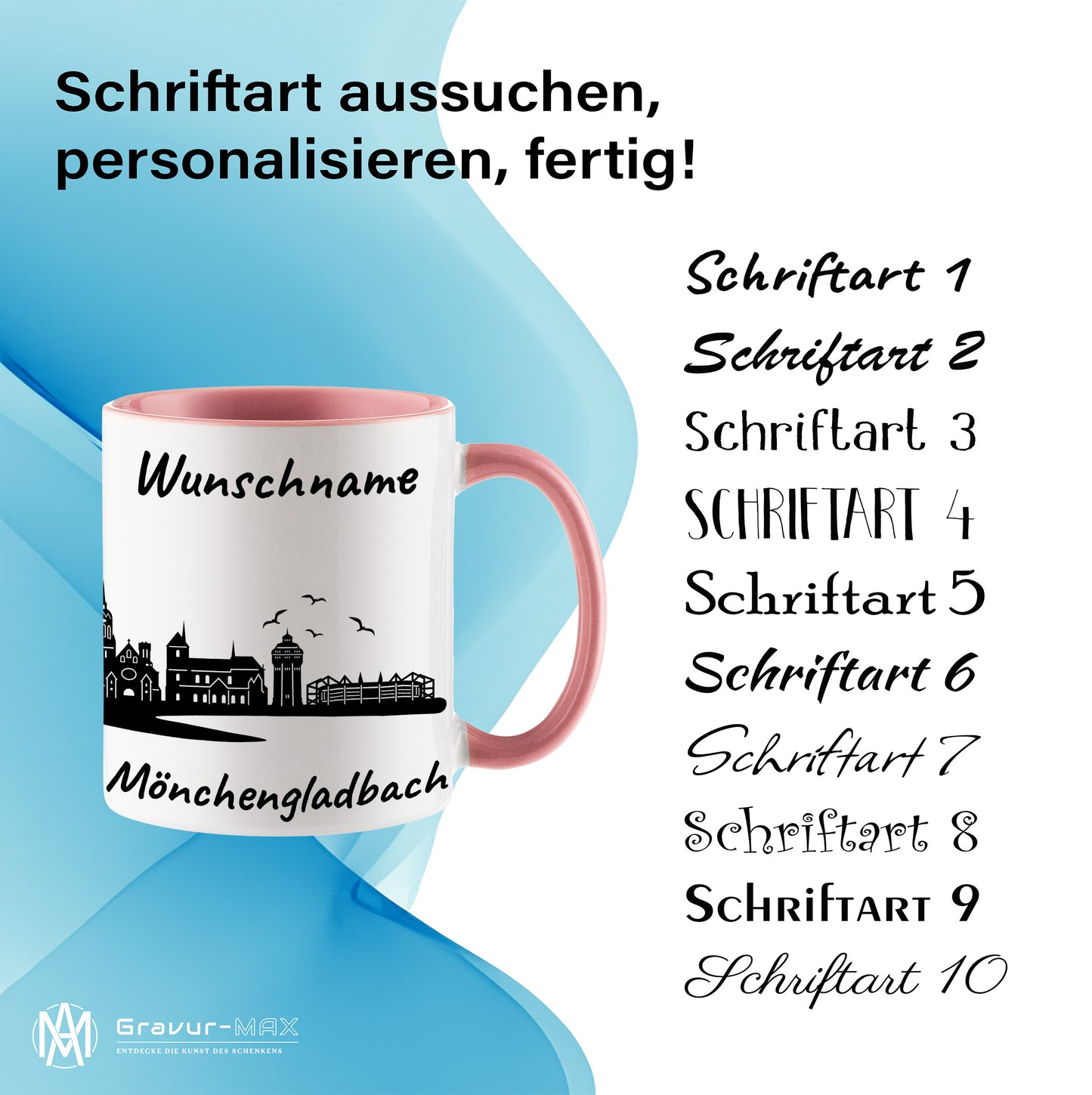 Tasse in Rosa 330ml bedruckt mit der Skyline von Mönchengladbach personalisierbar mit Wunschname