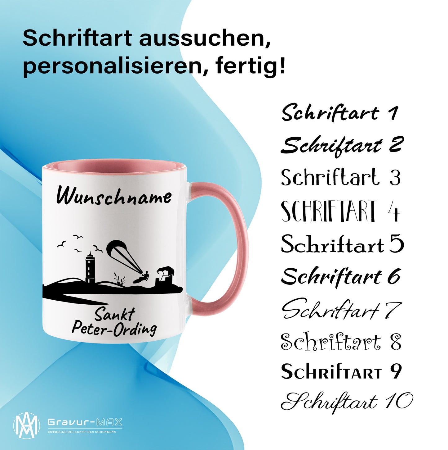 Tasse in Rosa 330ml bedruckt mit der Skyline von Sankt Peter-Ording personalisierbar mit Wunschname