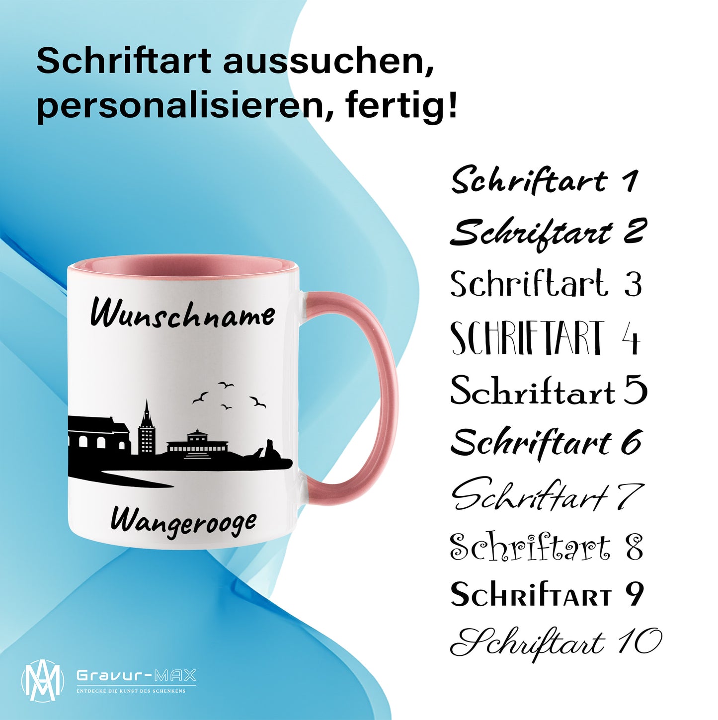 Tasse in Rosa 330ml bedruckt mit der Skyline von Wangerooge personalisierbar mit Wunschname
