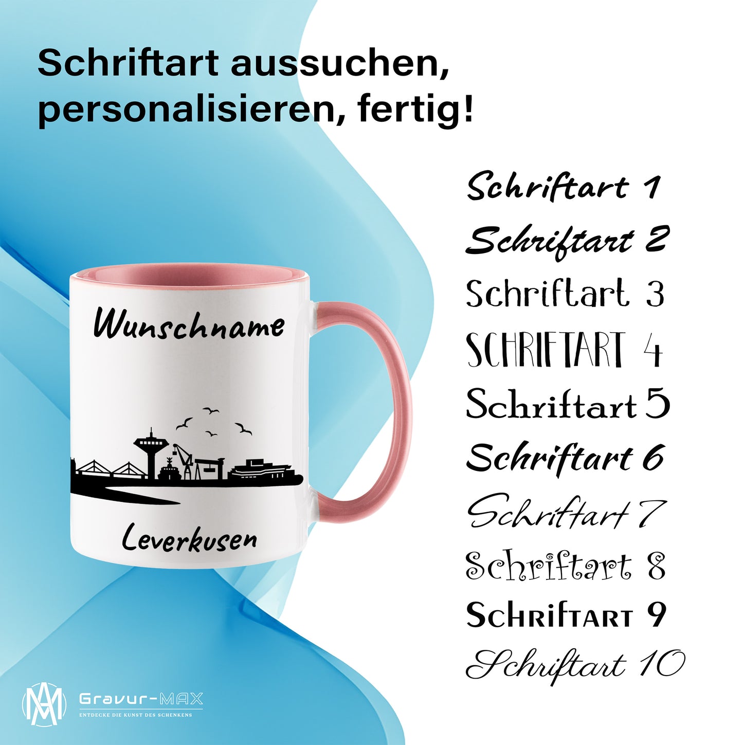 Tasse in Rosa 330ml bedruckt mit der Skyline von Leverkusen personalisierbar mit Wunschname