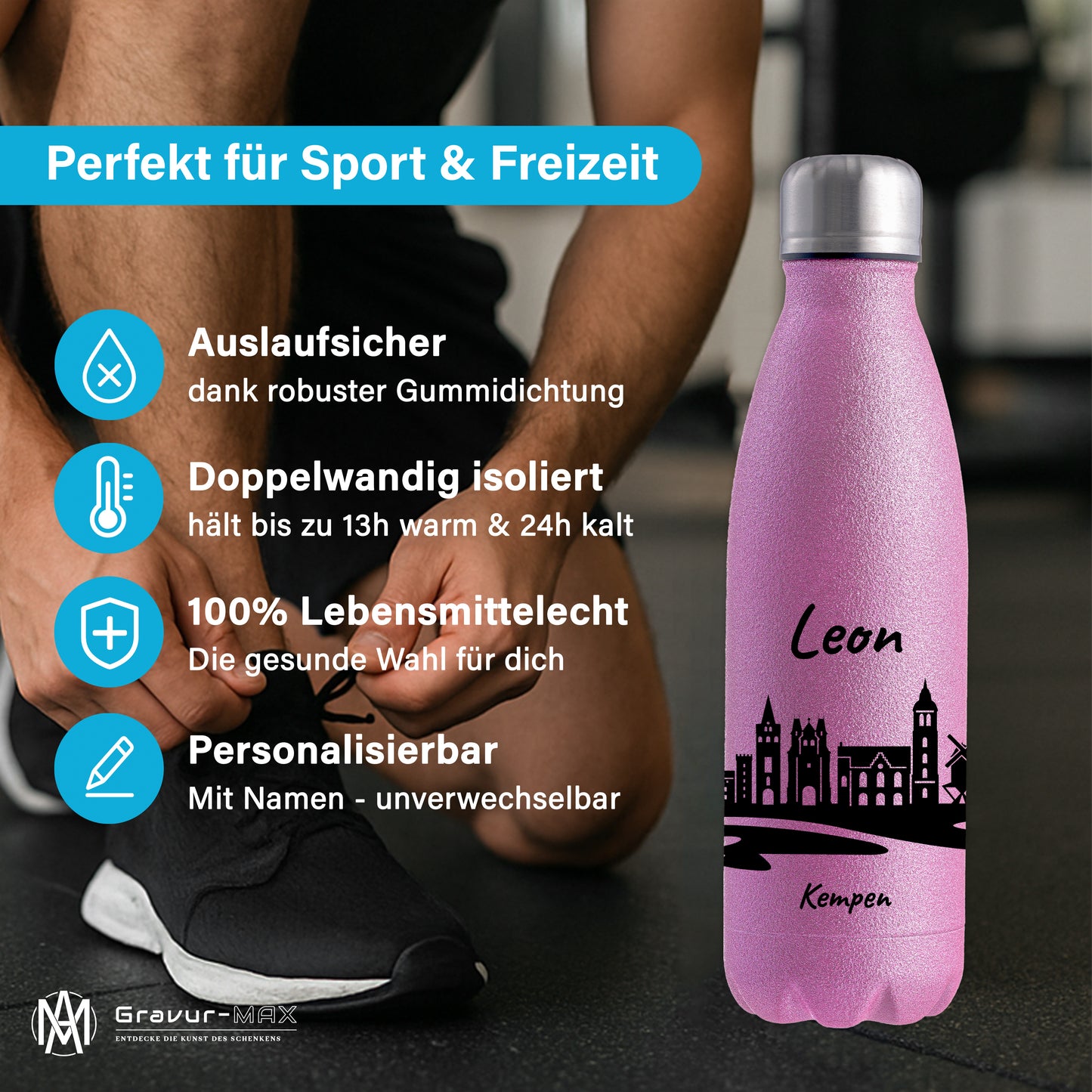 Glitzer Trinkflasche in Rosa 500ml aus Edelstahl bedruckt mit der Skyline von Kempen personalisierbar mit Wunschname