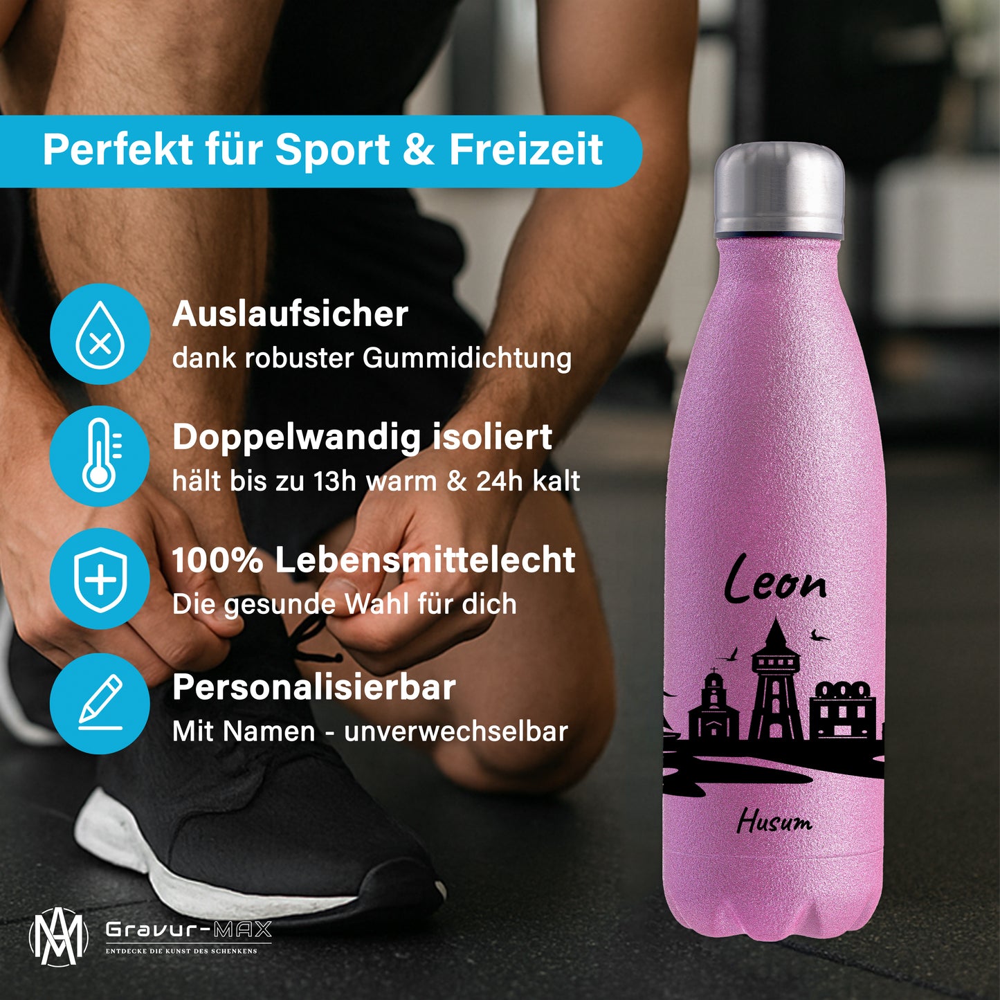 Glitzer Trinkflasche in Rosa 500ml aus Edelstahl bedruckt mit der Skyline von Husum personalisierbar mit Wunschname
