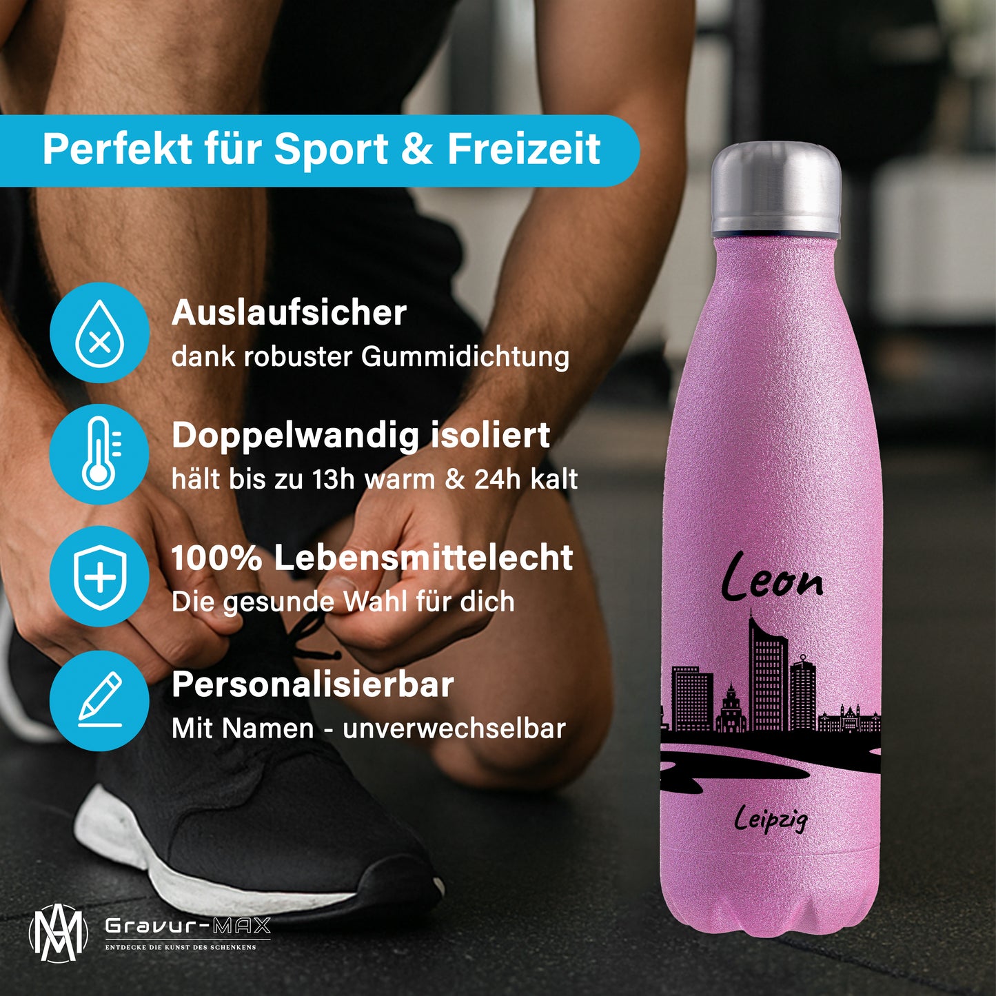 Glitzer Trinkflasche in Rosa 500ml aus Edelstahl bedruckt mit der Skyline von Leipzig personalisierbar mit Wunschname