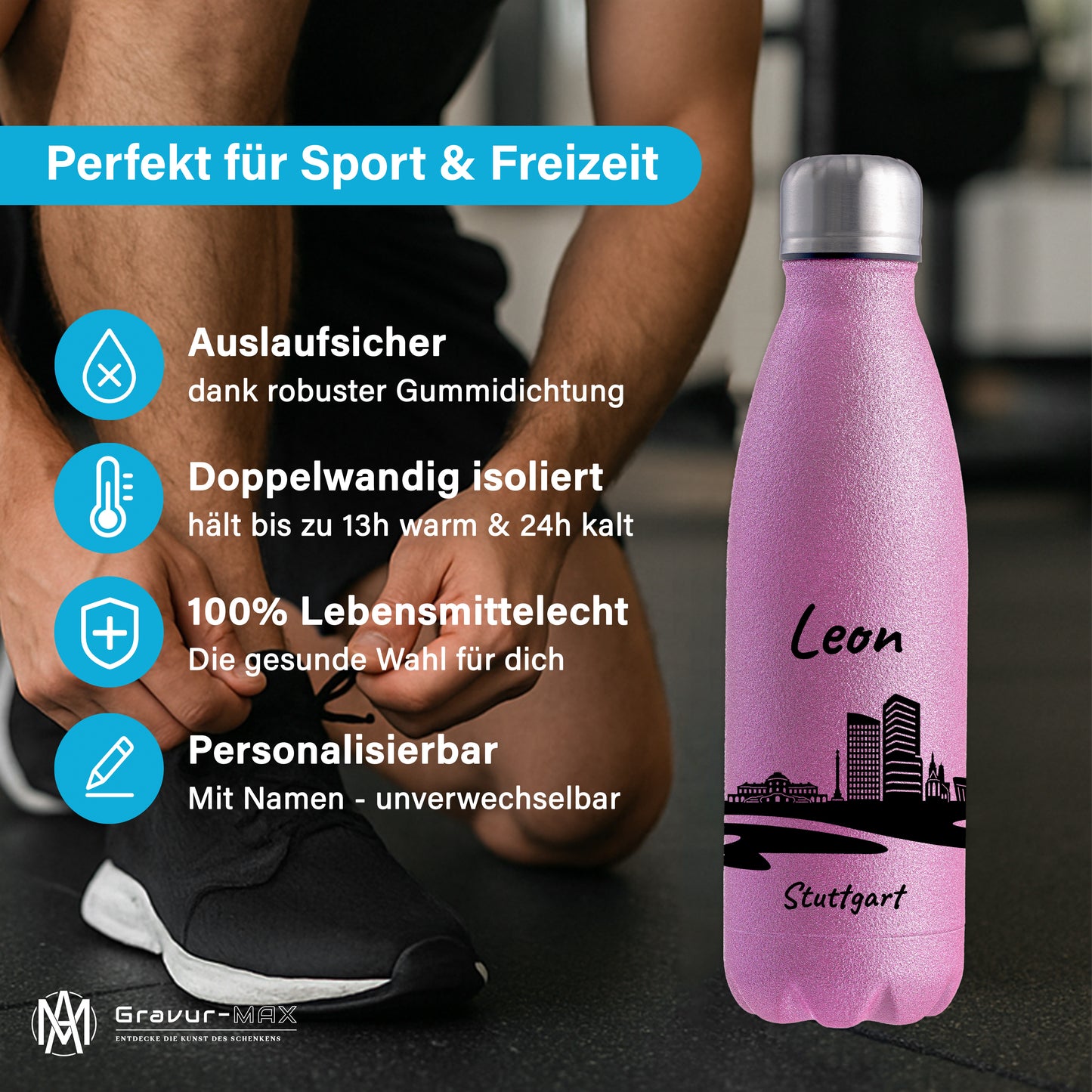 Glitzer Trinkflasche in Rosa 500ml aus Edelstahl bedruckt mit der Skyline von Stuttgart personalisierbar mit Wunschname