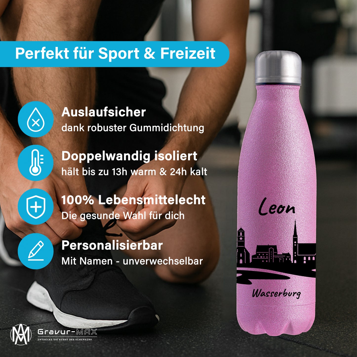 Glitzer Trinkflasche in Rosa 500ml aus Edelstahl bedruckt mit der Skyline von Wasserburg personalisierbar mit Wunschname