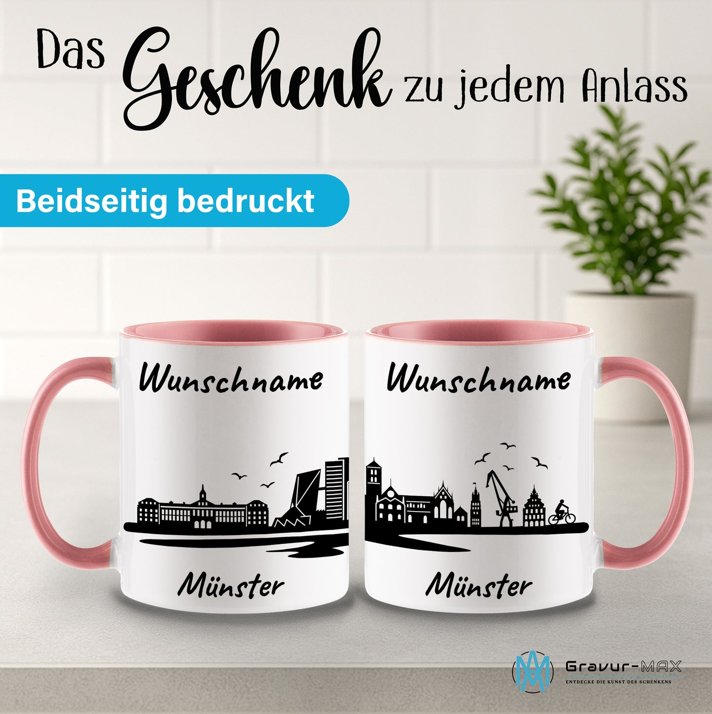 Tasse in Rosa 330ml bedruckt mit der Skyline von Münster personalisierbar mit Wunschname