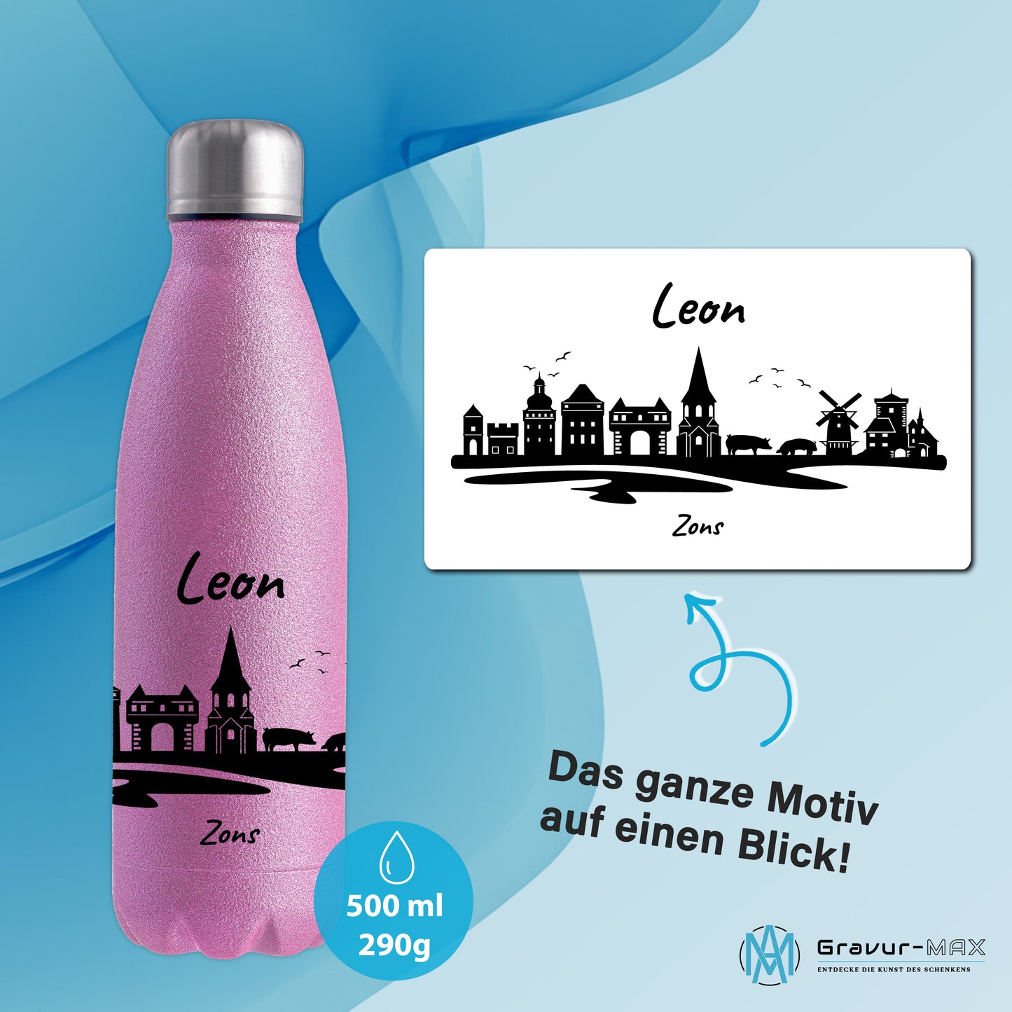 Glitzer Trinkflasche in Rosa 500ml aus Edelstahl bedruckt mit der Skyline von Zons (Dormagen) personalisierbar mit Wunschname