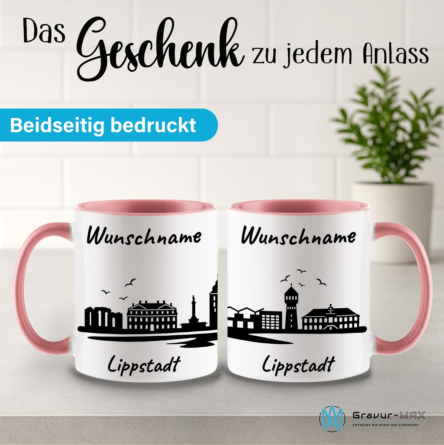 Tasse in Rosa 330ml bedruckt mit der Skyline von Lippstadt personalisierbar mit Wunschname