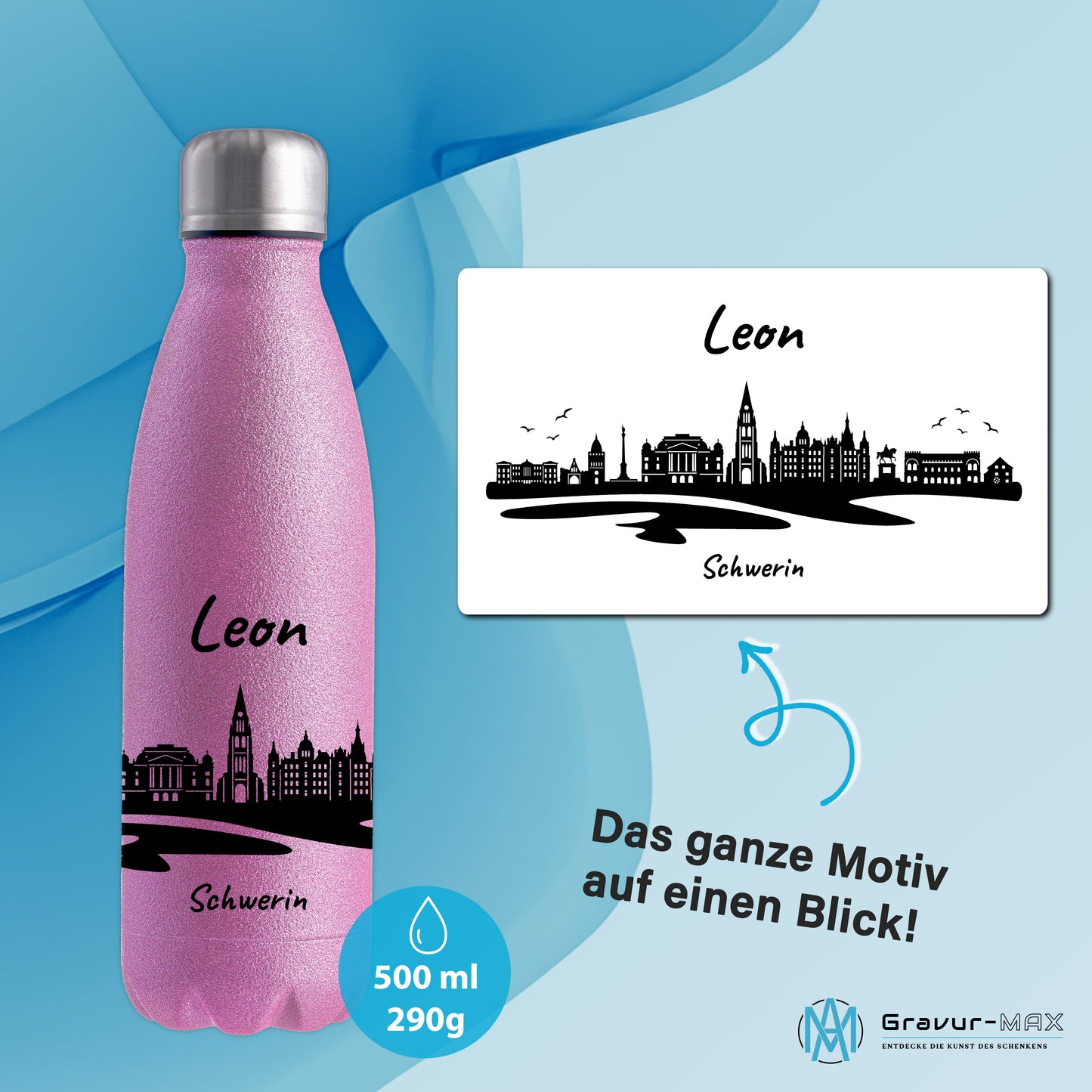 Glitzer Trinkflasche in Rosa 500ml aus Edelstahl bedruckt mit der Skyline von Schwerin personalisierbar mit Wunschname