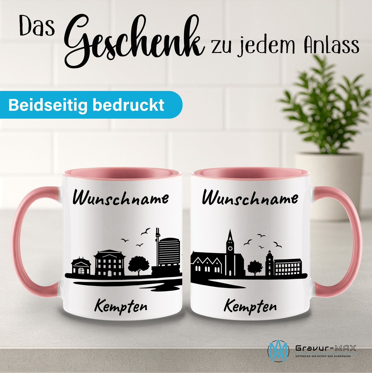 Tasse in Rosa 330ml bedruckt mit der Skyline von Kempten personalisierbar mit Wunschname