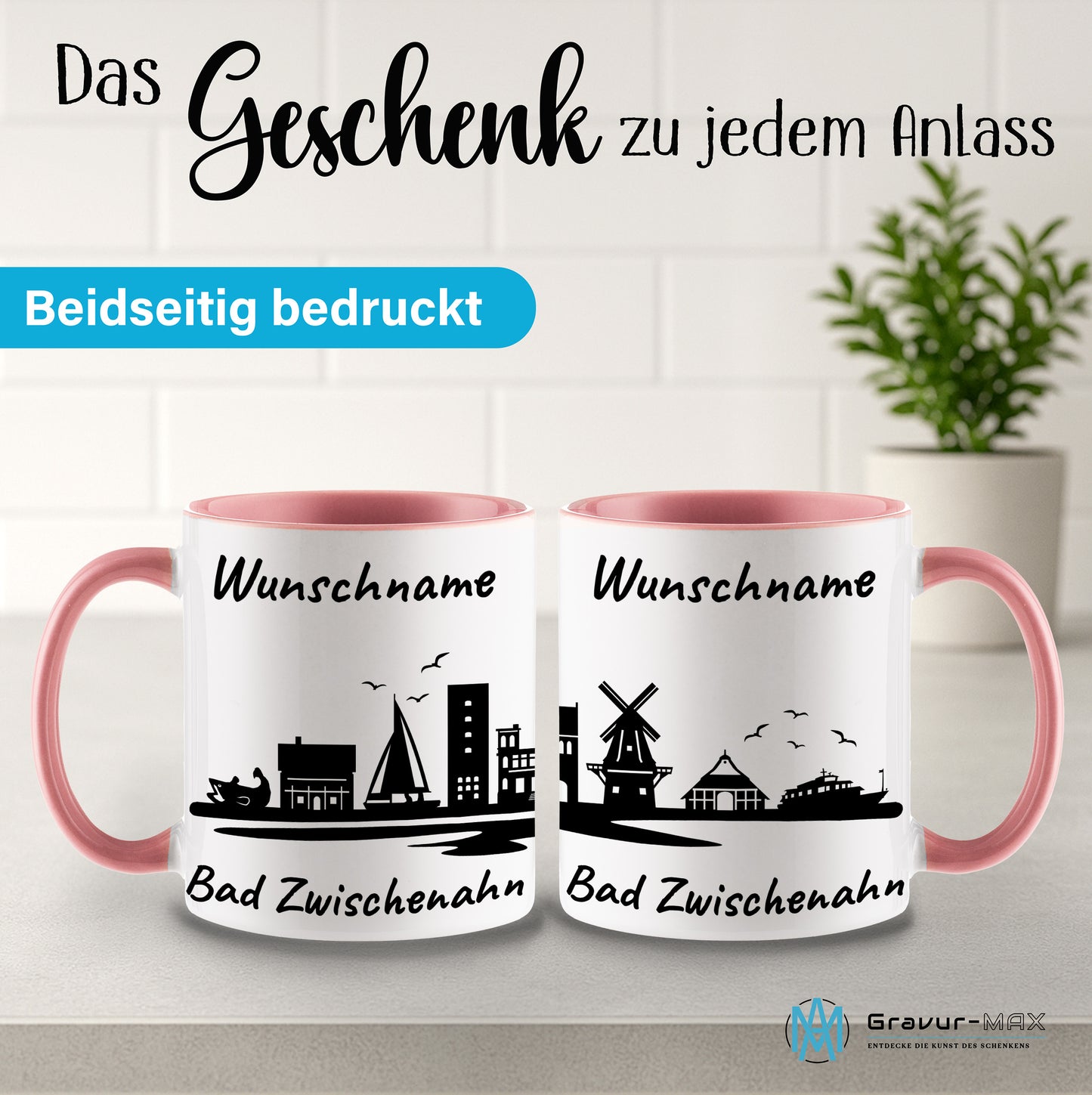 Tasse in Rosa 330ml bedruckt mit der Skyline von Bad Zwischenahn personalisierbar mit Wunschname