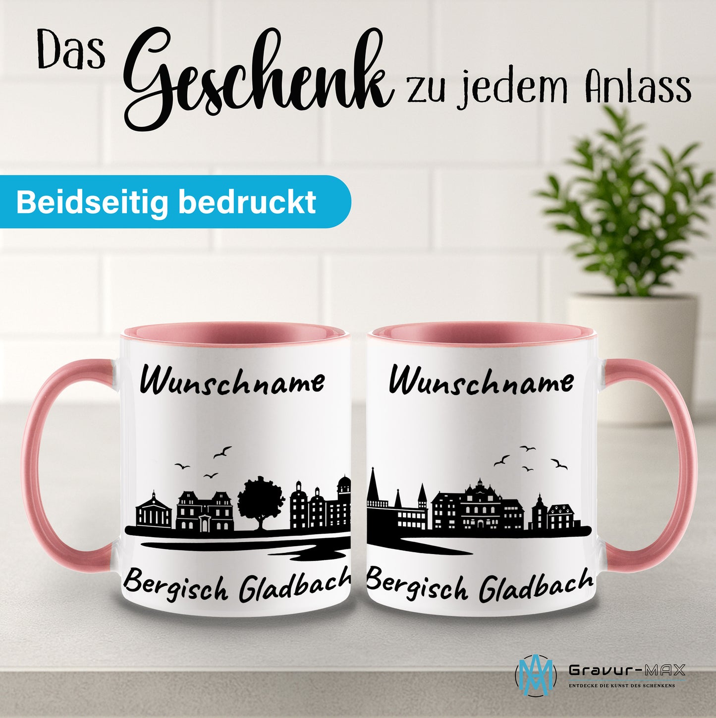 Tasse in Rosa 330ml bedruckt mit der Skyline von Bergisch Gladbach personalisierbar mit Wunschname