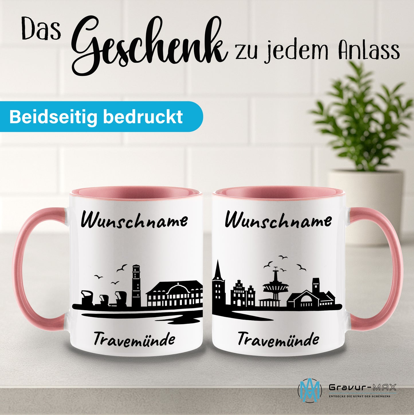 Tasse in Rosa 330ml bedruckt mit der Skyline von Travemünde personalisierbar mit Wunschname