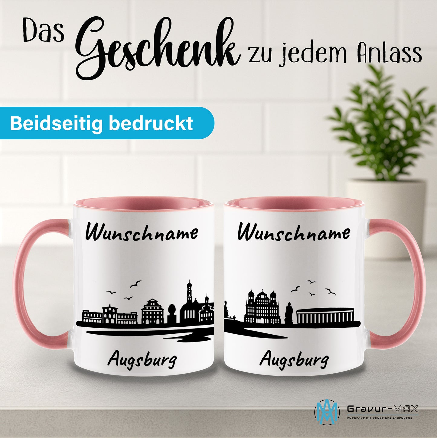Tasse in Rosa 330ml bedruckt mit der Skyline von Augsburg personalisierbar mit Wunschname