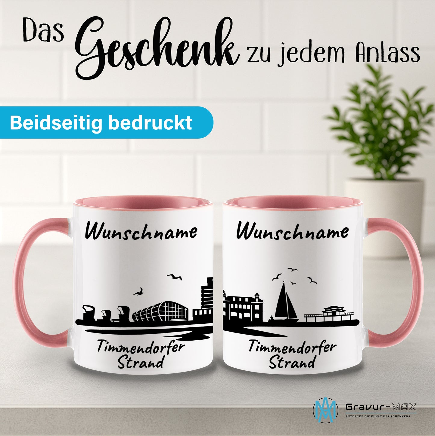 Tasse in Rosa 330ml bedruckt mit der Skyline von Timmendorfer Strand personalisierbar mit Wunschname
