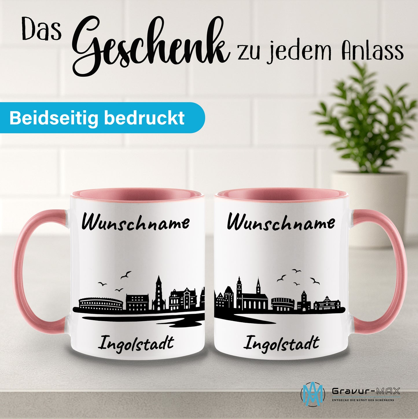 Tasse in Rosa 330ml bedruckt mit der Skyline von Ingolstadt personalisierbar mit Wunschname