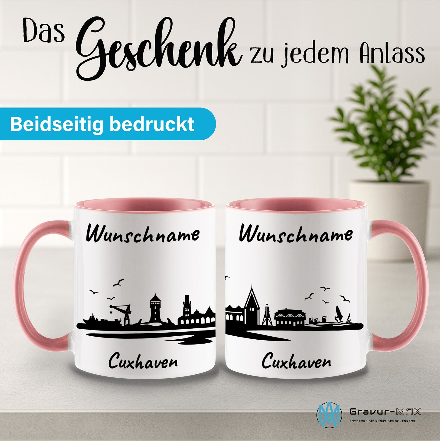 Tasse in Rosa 330ml bedruckt mit der Skyline von Cuxhaven personalisierbar mit Wunschname