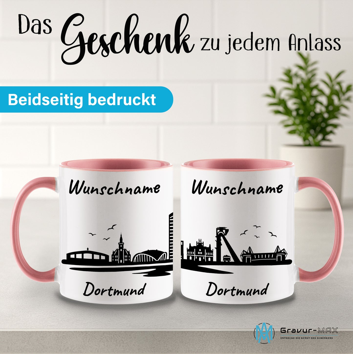 Tasse in Rosa 330ml bedruckt mit der Skyline von Dortmund personalisierbar mit Wunschname