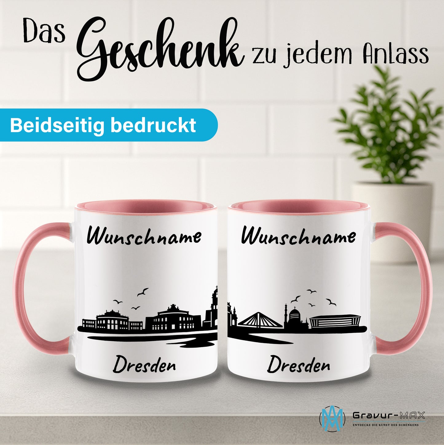 Tasse in Rosa 330ml bedruckt mit der Skyline von Dresden personalisierbar mit Wunschname
