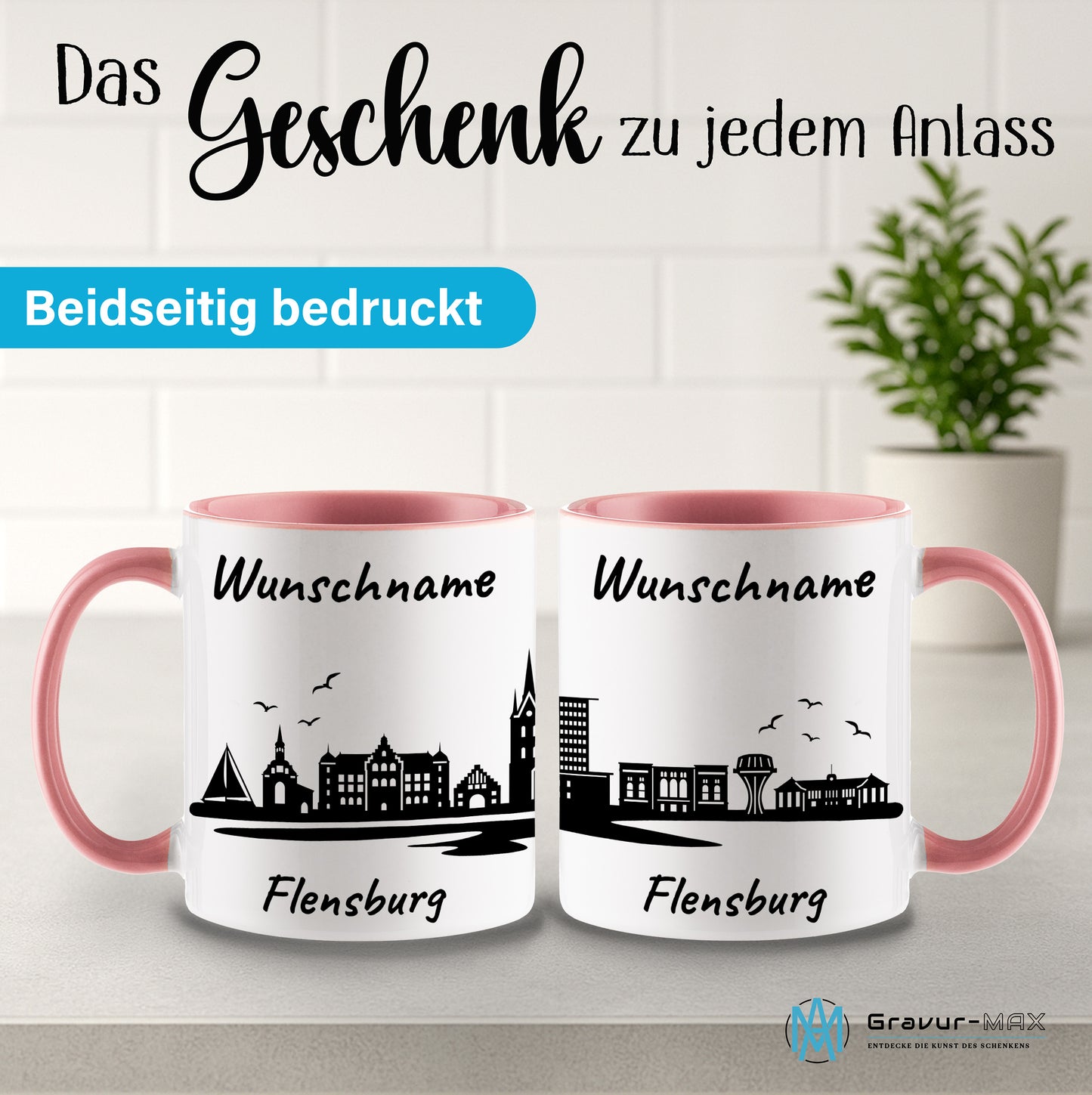 Tasse in Rosa 330ml bedruckt mit der Skyline von Flensburg personalisierbar mit Wunschname