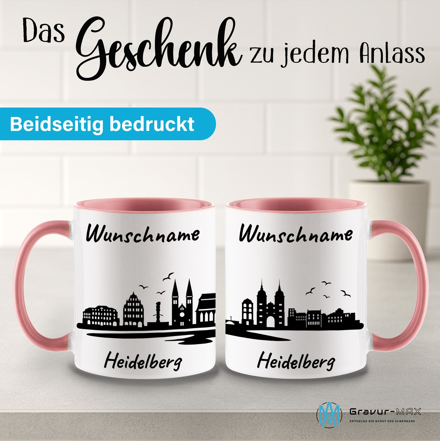 Tasse in Rosa 330ml bedruckt mit der Skyline von Heidelberg personalisierbar mit Wunschname
