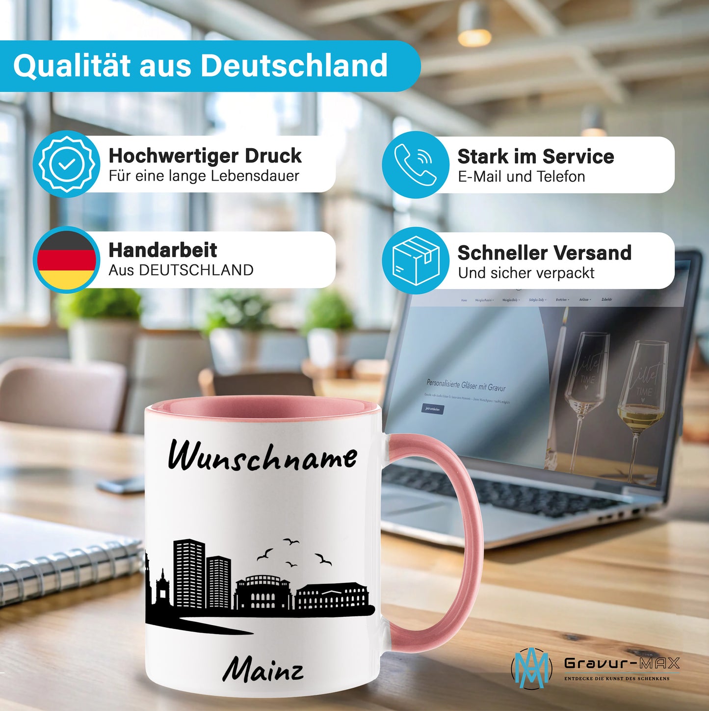 Tasse in Rosa 330ml bedruckt mit der Skyline von Mainz personalisierbar mit Wunschname