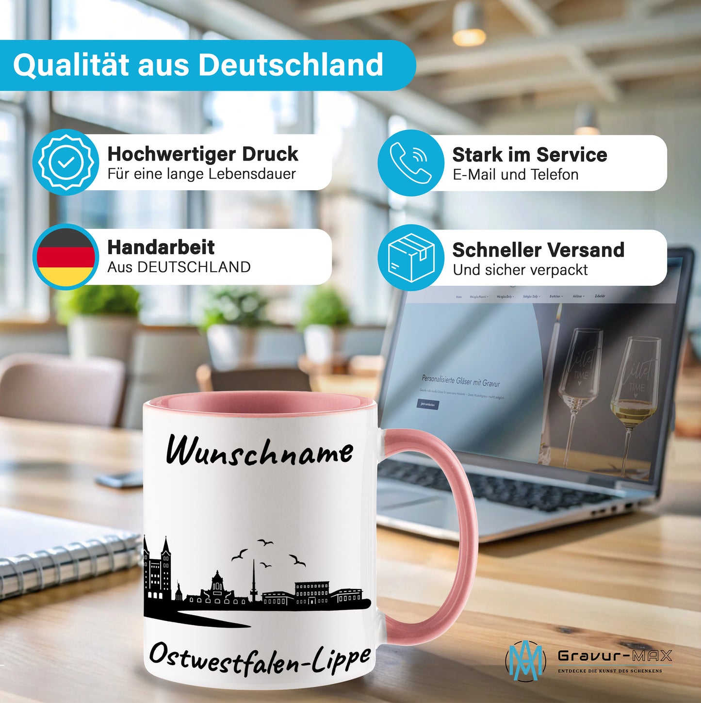 Tasse in Rosa 330ml bedruckt mit der Skyline von Ostwestfalen-Lippe personalisierbar mit Wunschname