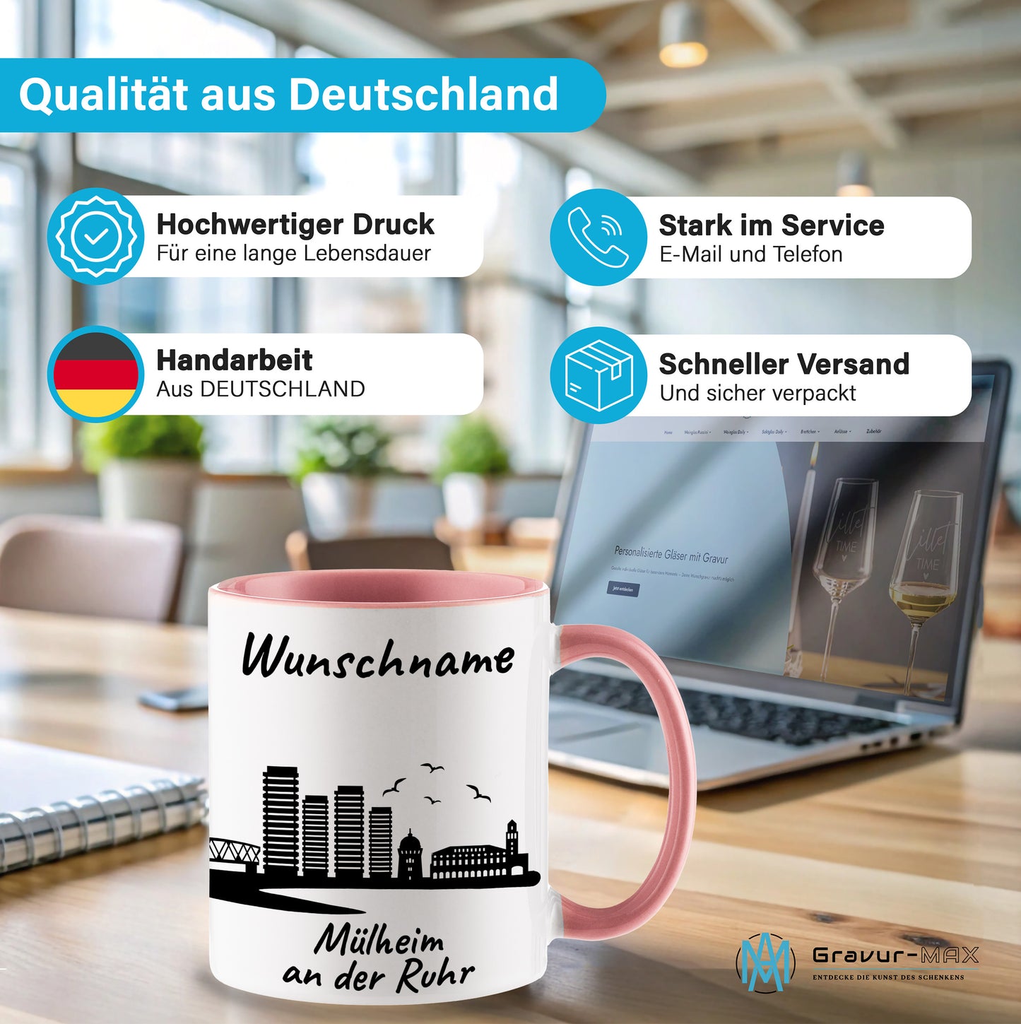 Tasse in Rosa 330ml bedruckt mit der Skyline von Mülheim an der Ruhr personalisierbar mit Wunschname