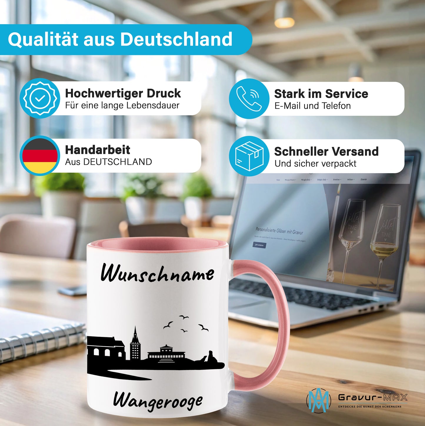 Tasse in Rosa 330ml bedruckt mit der Skyline von Wangerooge personalisierbar mit Wunschname