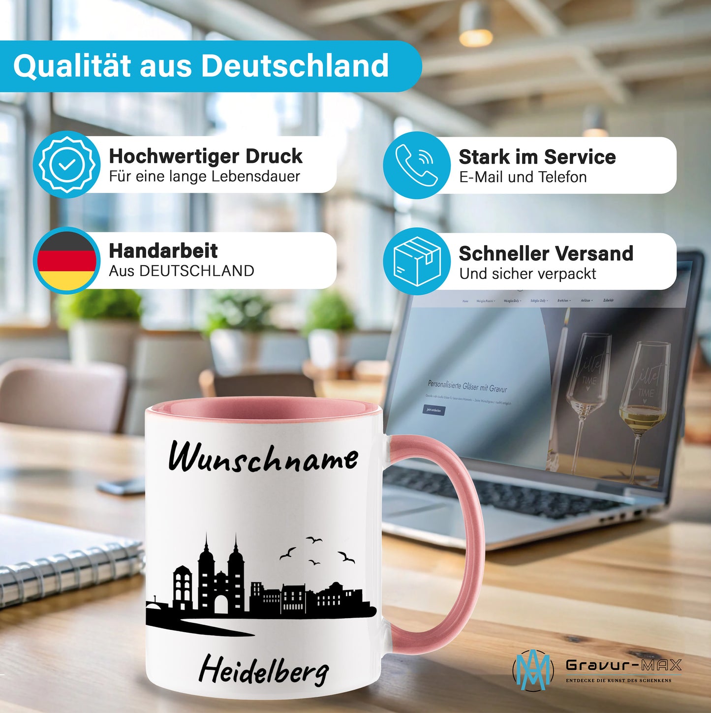 Tasse in Rosa 330ml bedruckt mit der Skyline von Heidelberg personalisierbar mit Wunschname