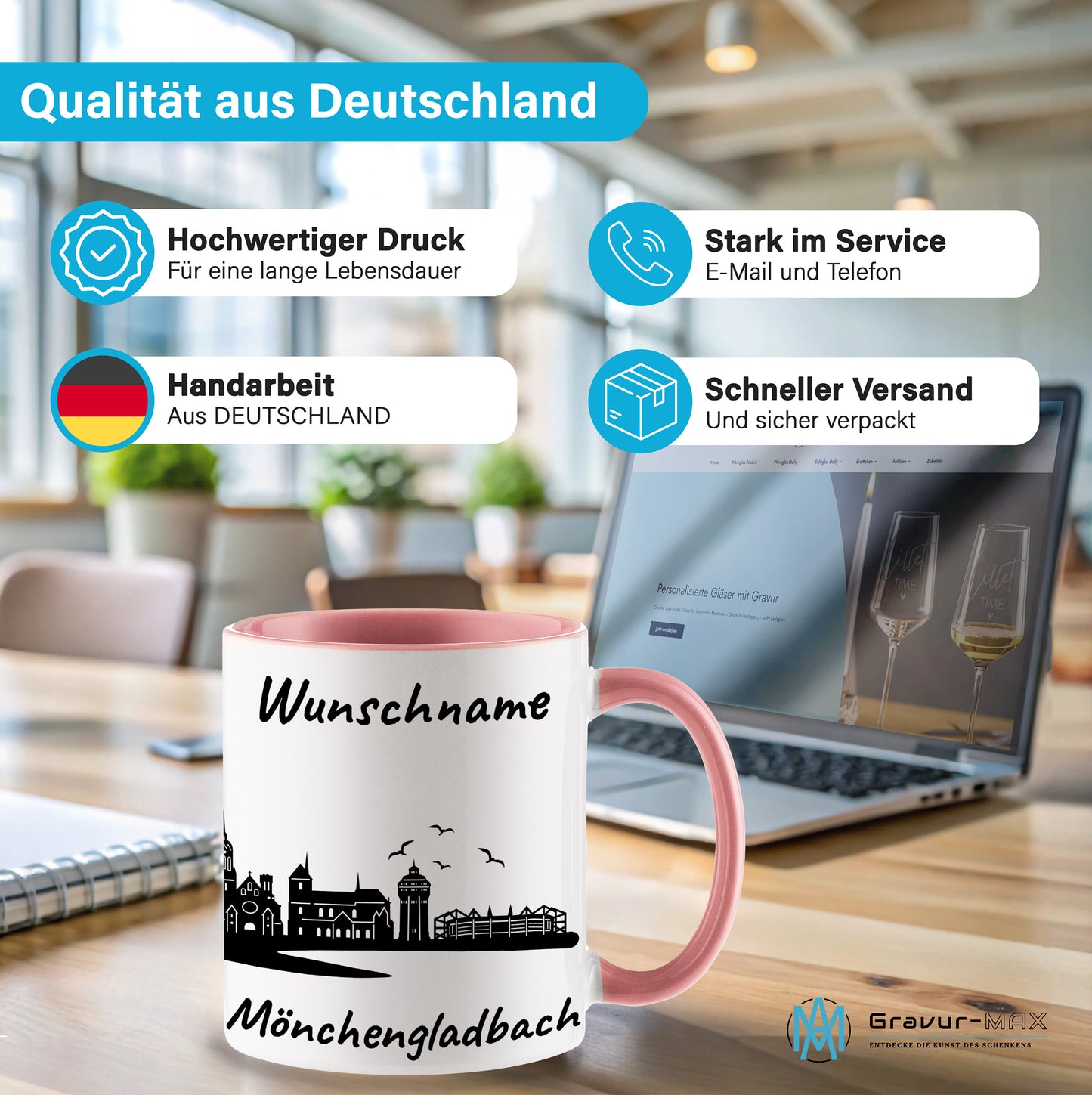 Tasse in Rosa 330ml bedruckt mit der Skyline von Mönchengladbach personalisierbar mit Wunschname