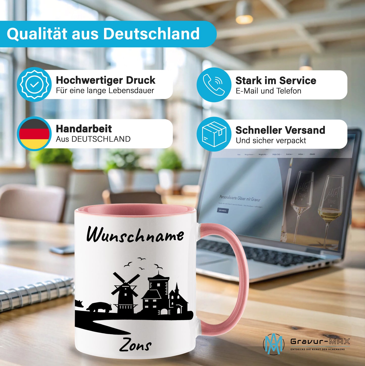 Tasse in Rosa 330ml bedruckt mit der Skyline von Zons (Dormagen) personalisierbar mit Wunschname