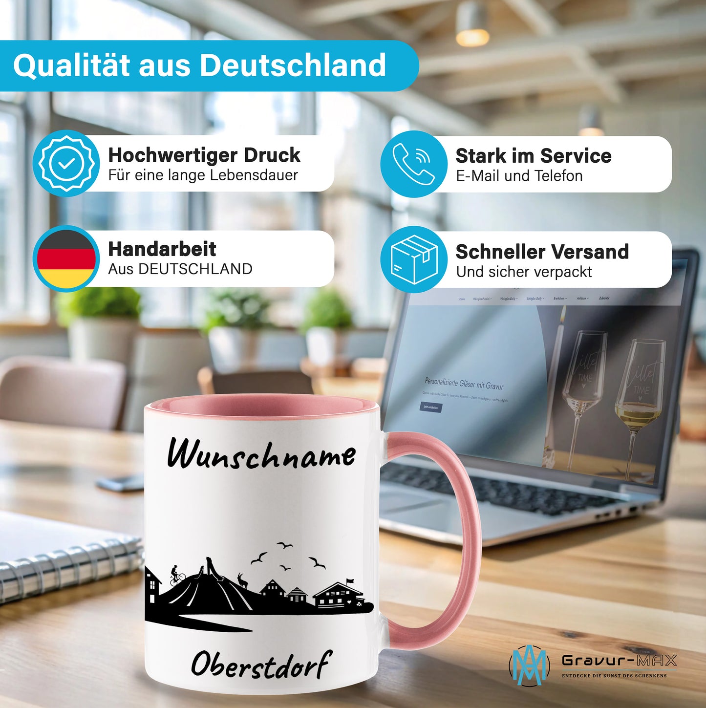 Tasse in Rosa 330ml bedruckt mit der Skyline von Oberstdorf personalisierbar mit Wunschname