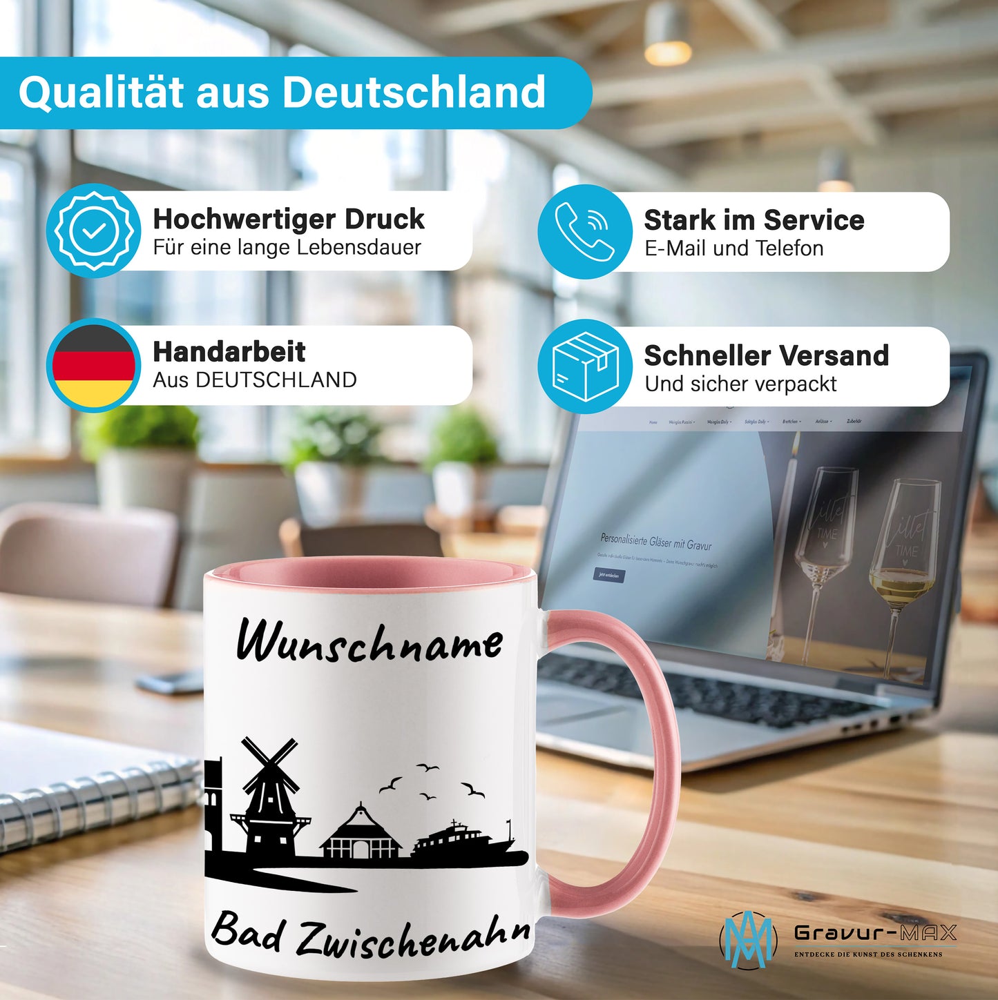 Tasse in Rosa 330ml bedruckt mit der Skyline von Bad Zwischenahn personalisierbar mit Wunschname