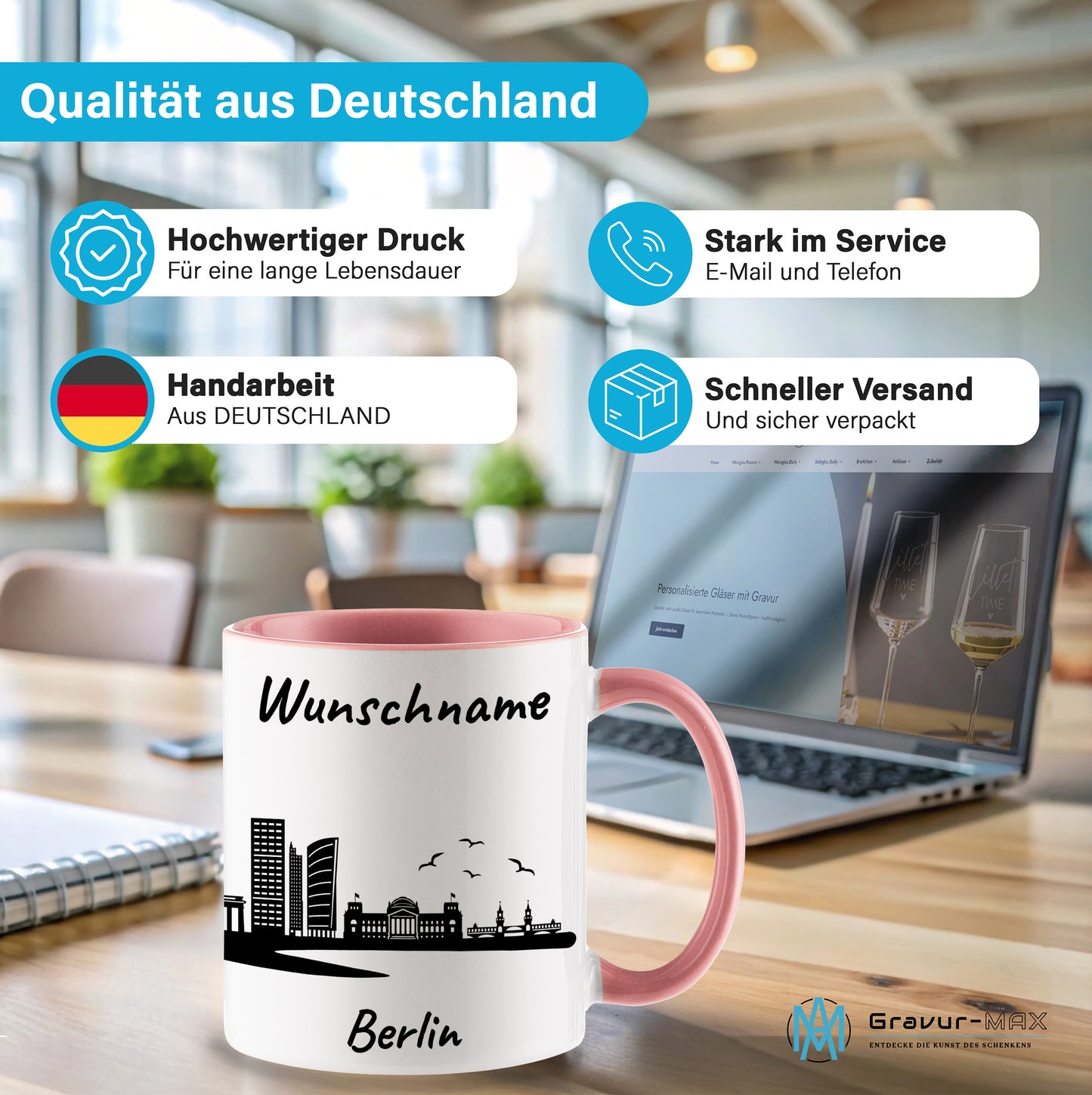 Tasse in Rosa 330ml bedruckt mit der Skyline von Berlin personalisierbar mit Wunschname