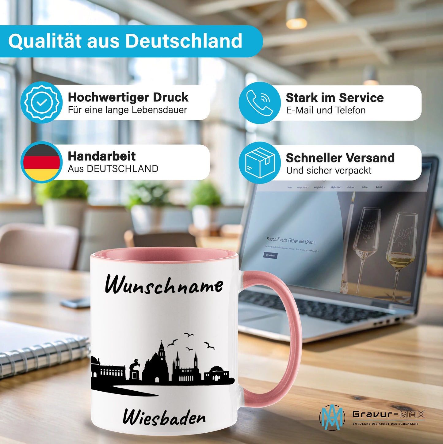 Tasse in Rosa 330ml bedruckt mit der Skyline von Wiesbaden personalisierbar mit Wunschname