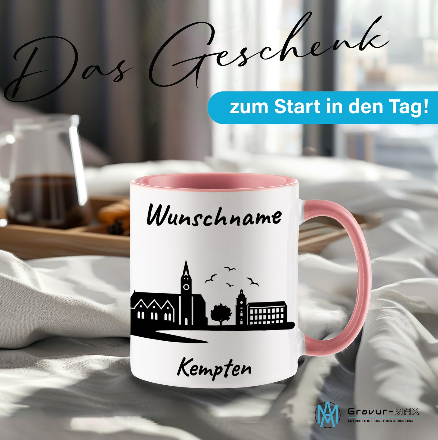 Tasse in Rosa 330ml bedruckt mit der Skyline von Kempten personalisierbar mit Wunschname