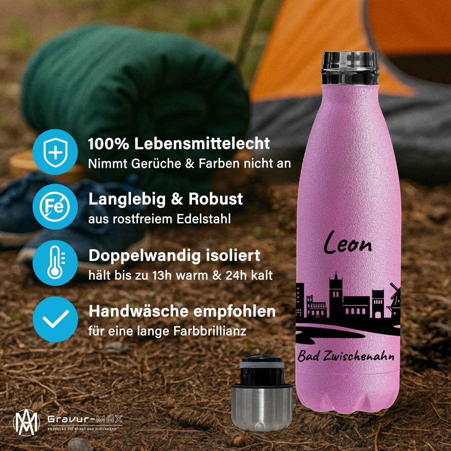 Glitzer Trinkflasche in Rosa 500ml aus Edelstahl bedruckt mit der Skyline von Bad Zwischenahn personalisierbar mit Wunschname
