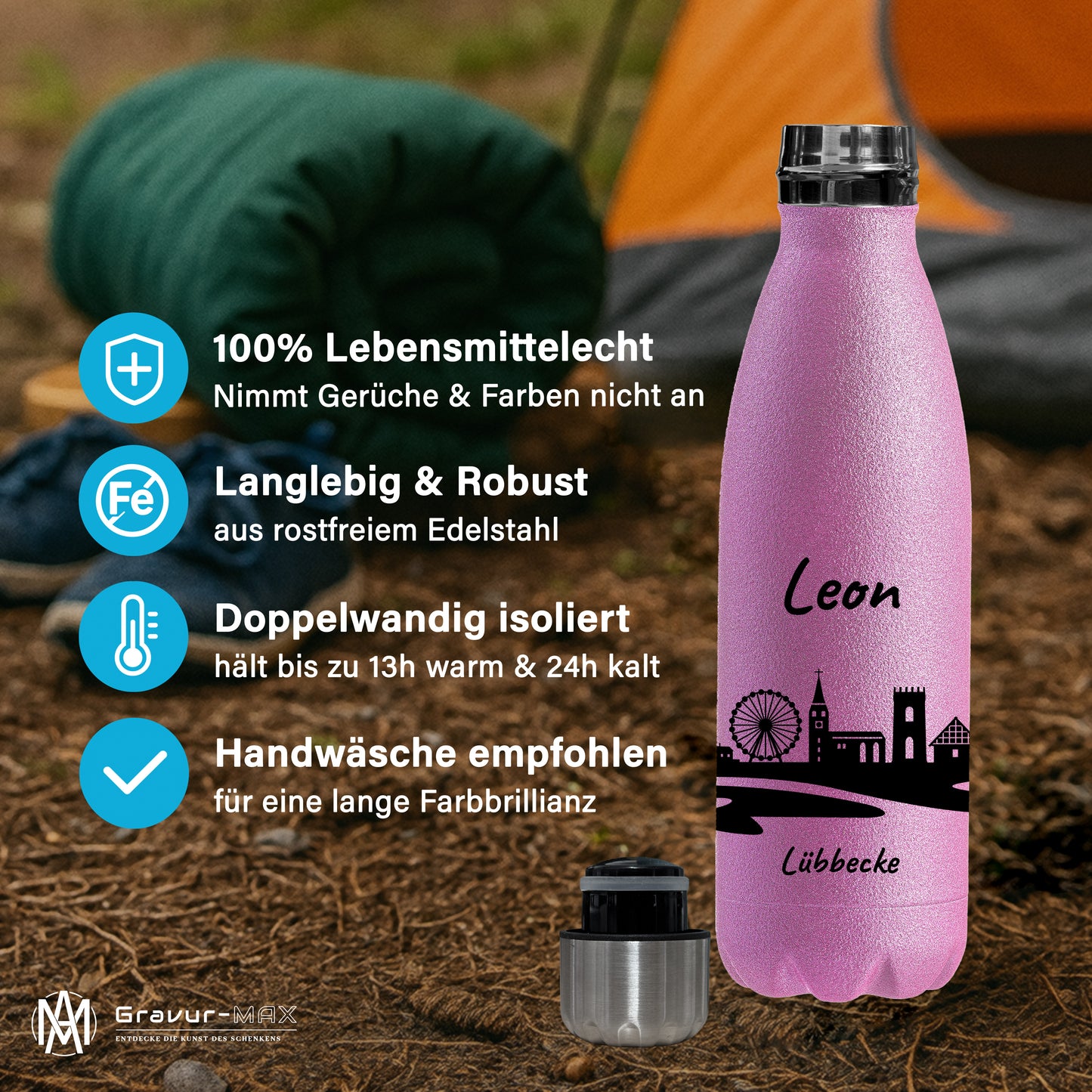 Glitzer Trinkflasche in Rosa 500ml aus Edelstahl bedruckt mit der Skyline von Lübbecke personalisierbar mit Wunschname