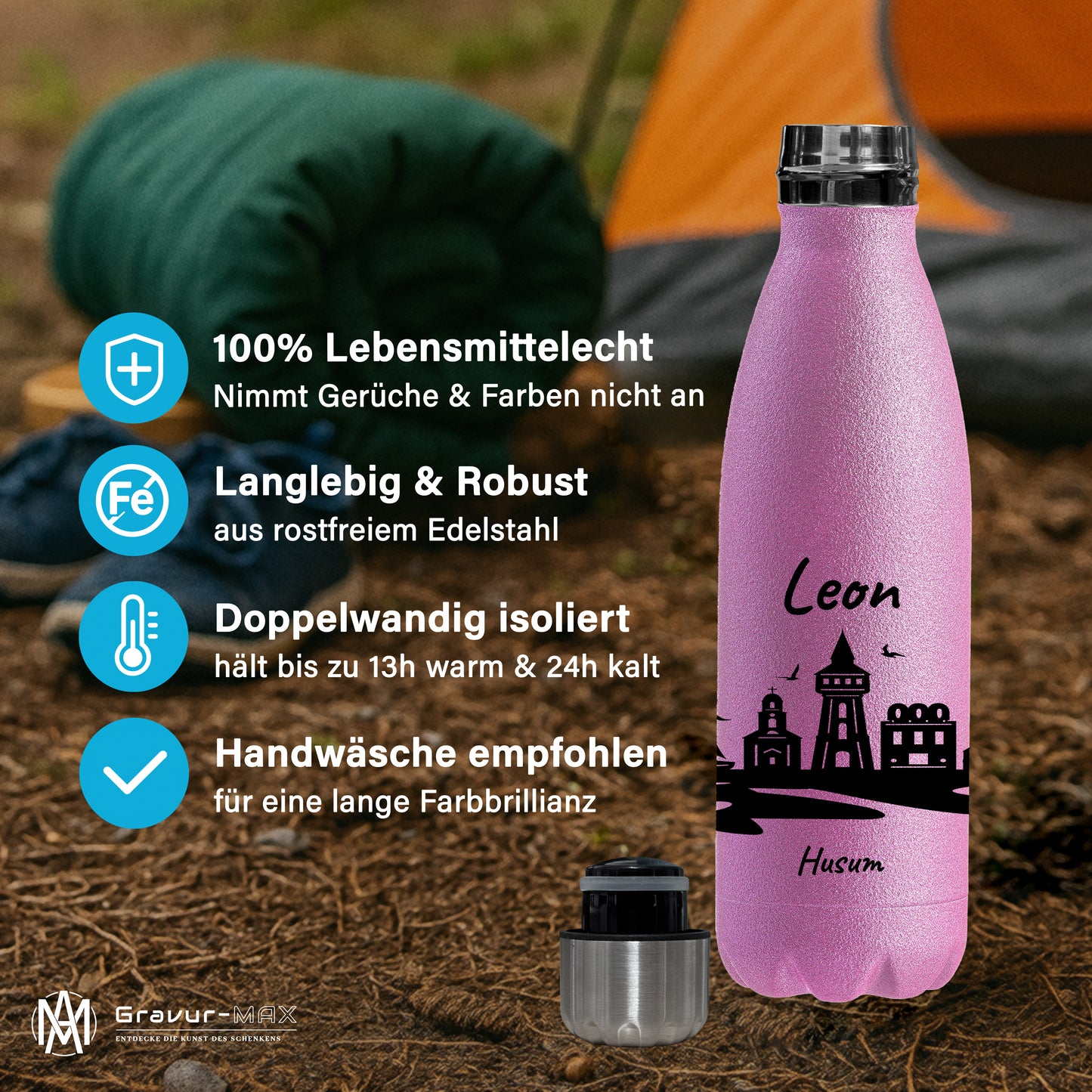 Glitzer Trinkflasche in Rosa 500ml aus Edelstahl bedruckt mit der Skyline von Husum personalisierbar mit Wunschname