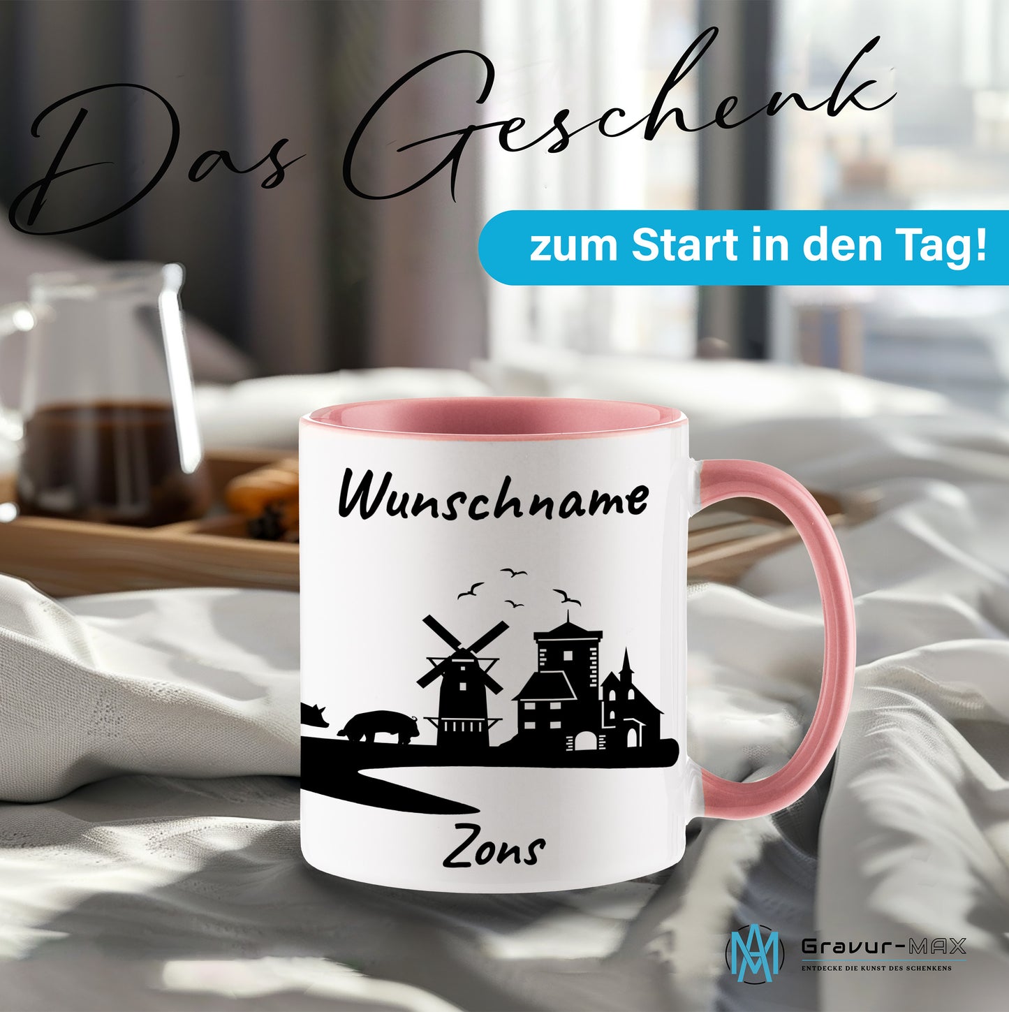 Tasse in Rosa 330ml bedruckt mit der Skyline von Zons (Dormagen) personalisierbar mit Wunschname