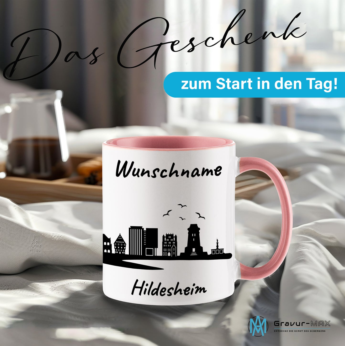 Tasse in Rosa 330ml bedruckt mit der Skyline von Hildesheim personalisierbar mit Wunschname