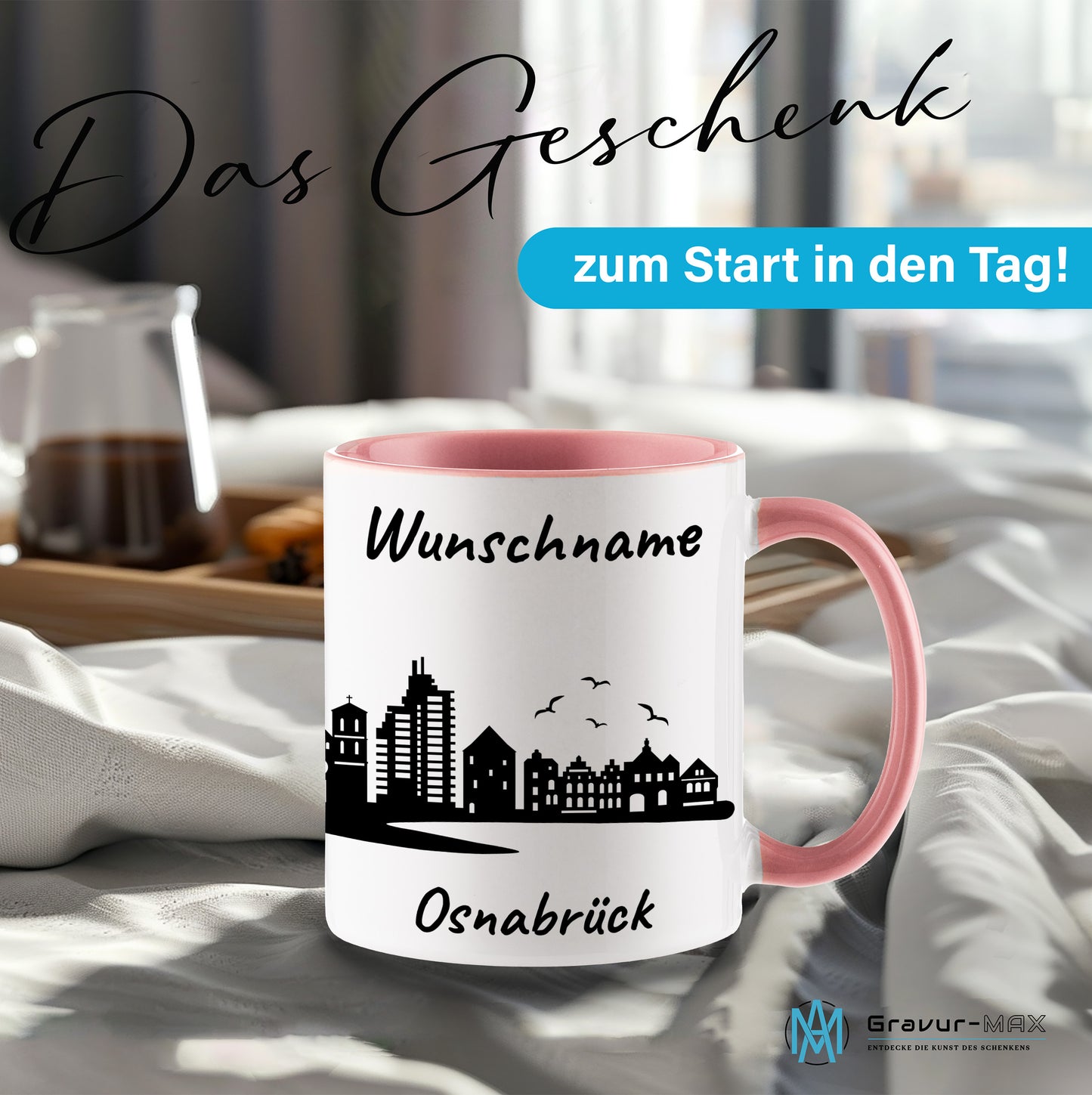 Tasse in Rosa 330ml bedruckt mit der Skyline von Osnabrück personalisierbar mit Wunschname